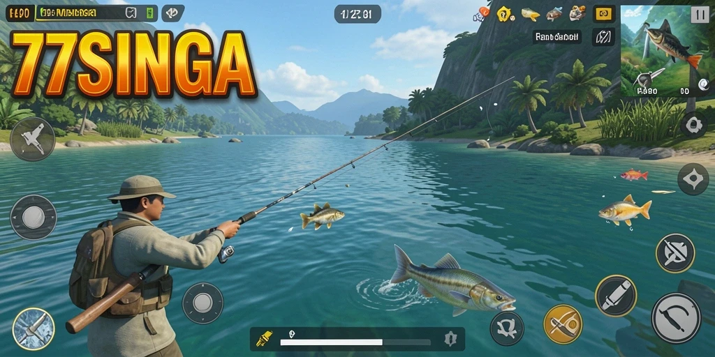 Tampilan gameplay 77SINGA yang menarik saat memancing ikan di laut.