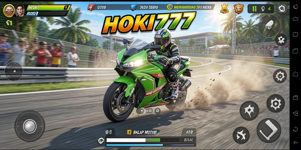 Screenshot gameplay HOKI777 menampilkan aksi balapan motor yang mendebarkan.