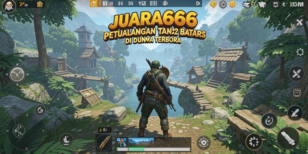 Tangkapan layar menunjukkan pegunungan indah dan karakter dalam petualangan.