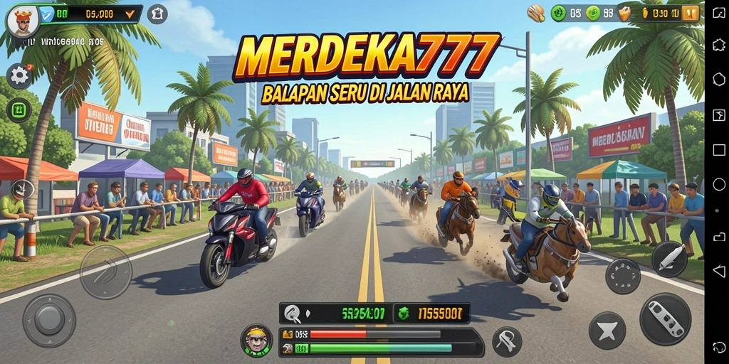Tampilan gameplay seru dari MERDEKA777 saat balapan di jalan raya.