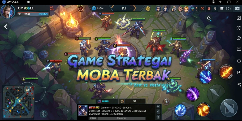Screenshot utama OMTOGEL menampilkan aksi pertempuran yang seru di arena MOBA.