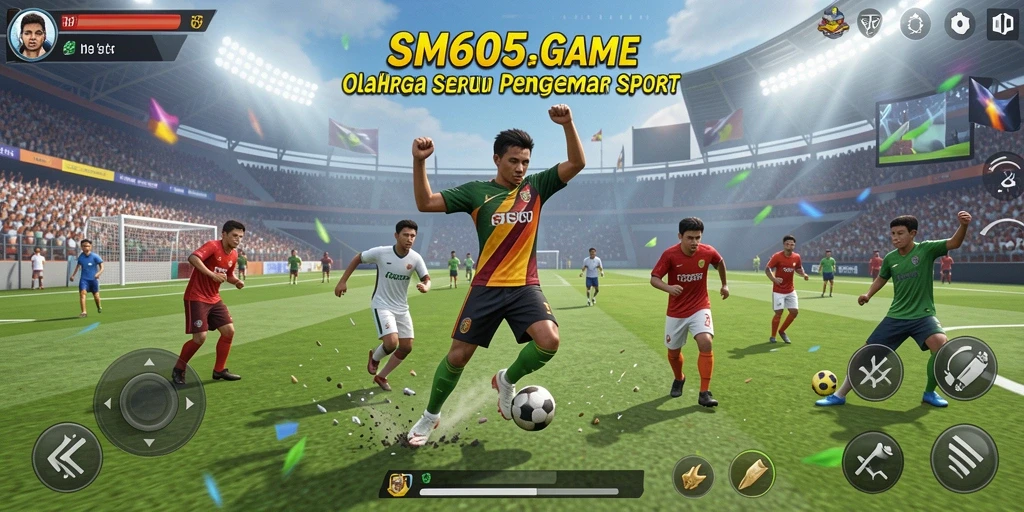 Tangkapan layar utama SM605 menampilkan aksi pertandingan olahraga yang mendebarkan.