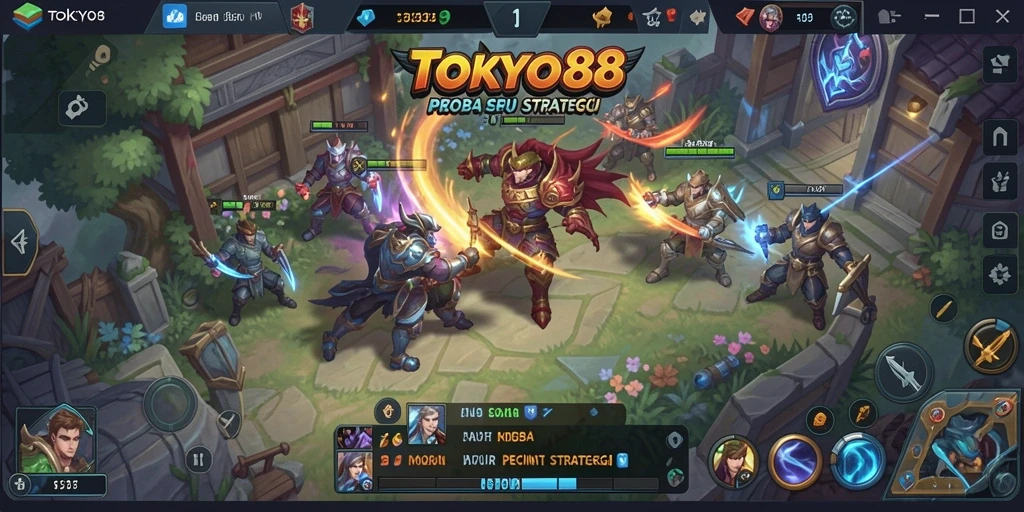 Screenshot utama TOKYO88 menampilkan pertarungan seru antar karakter MOBA.